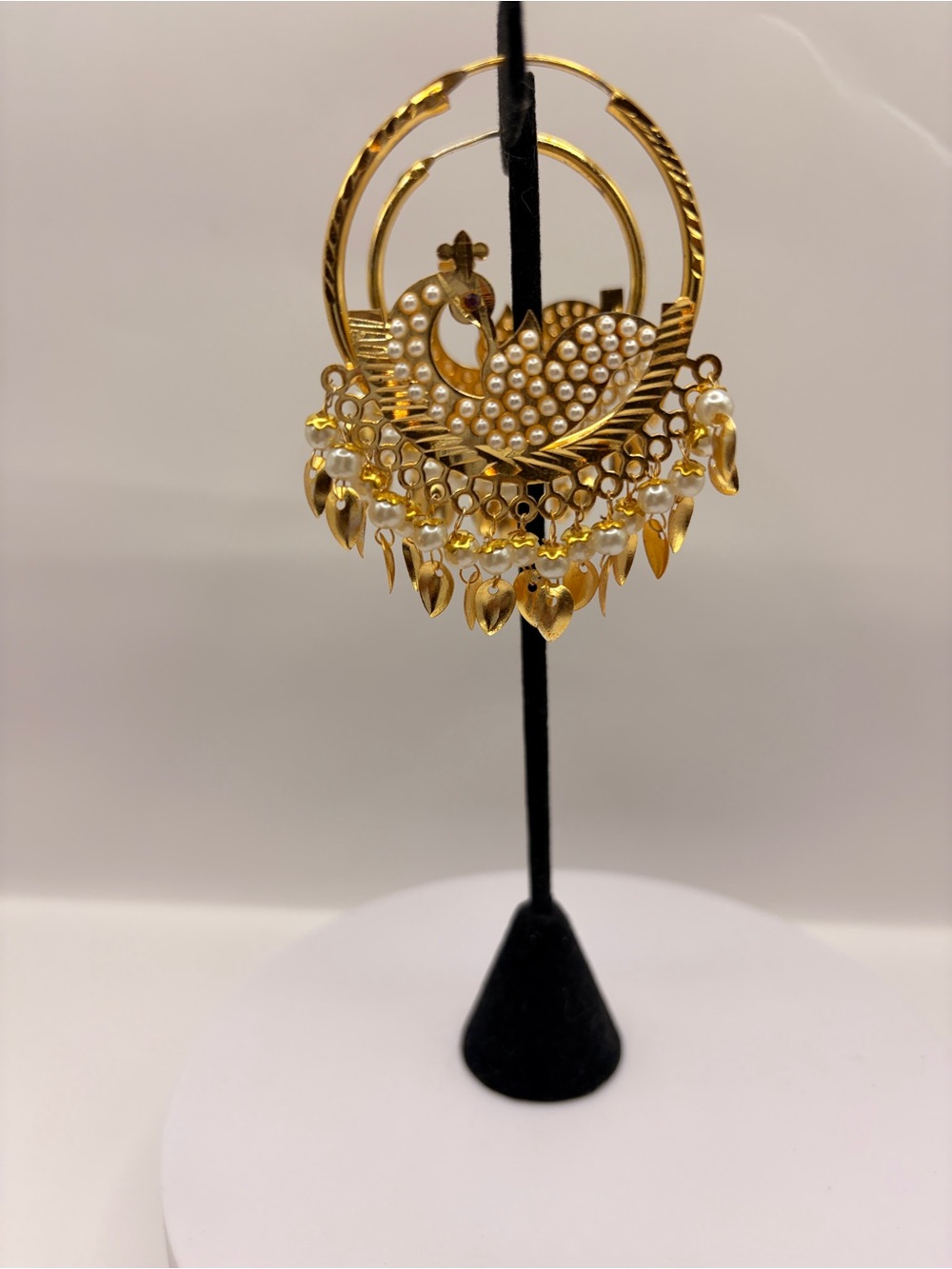 Gold Traditional Peacock Hoop Earrings with Pearl Accents